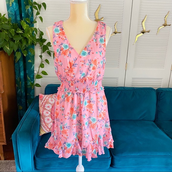 Peach Love California | Sherbet Sleeveless V Neck Floral Print Mini Dress Large - Picture 2 of 10